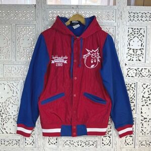 The Hundreds Red & Blue Snap Button Hooded Varsity Bomber Jacket Sz Mens Small